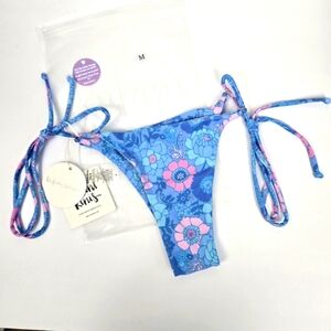 Kulani Kinis Side Tie Thong Bikini Bottoms Floral Blue Pink Women Sz‎ M Swimwear